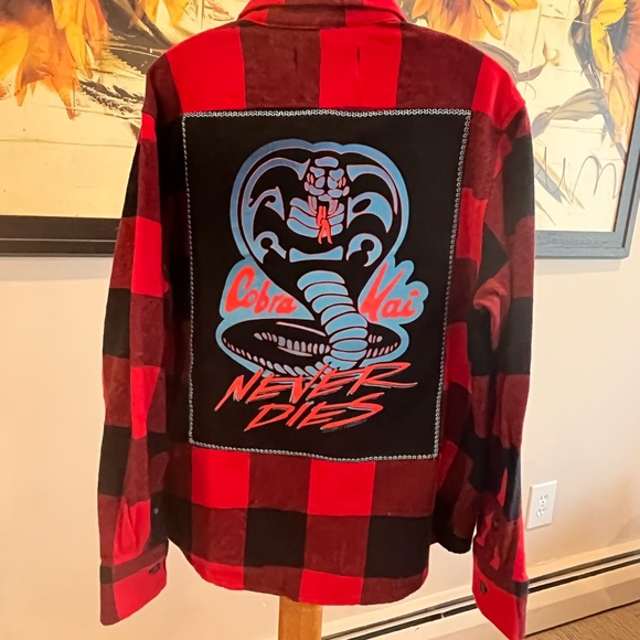 UPCYCLED YOUTH OOAK HANDCRAFTED COBRA KAI FLANNEL BUTTON SHIRT SIZE 8 - Picture 8 of 11